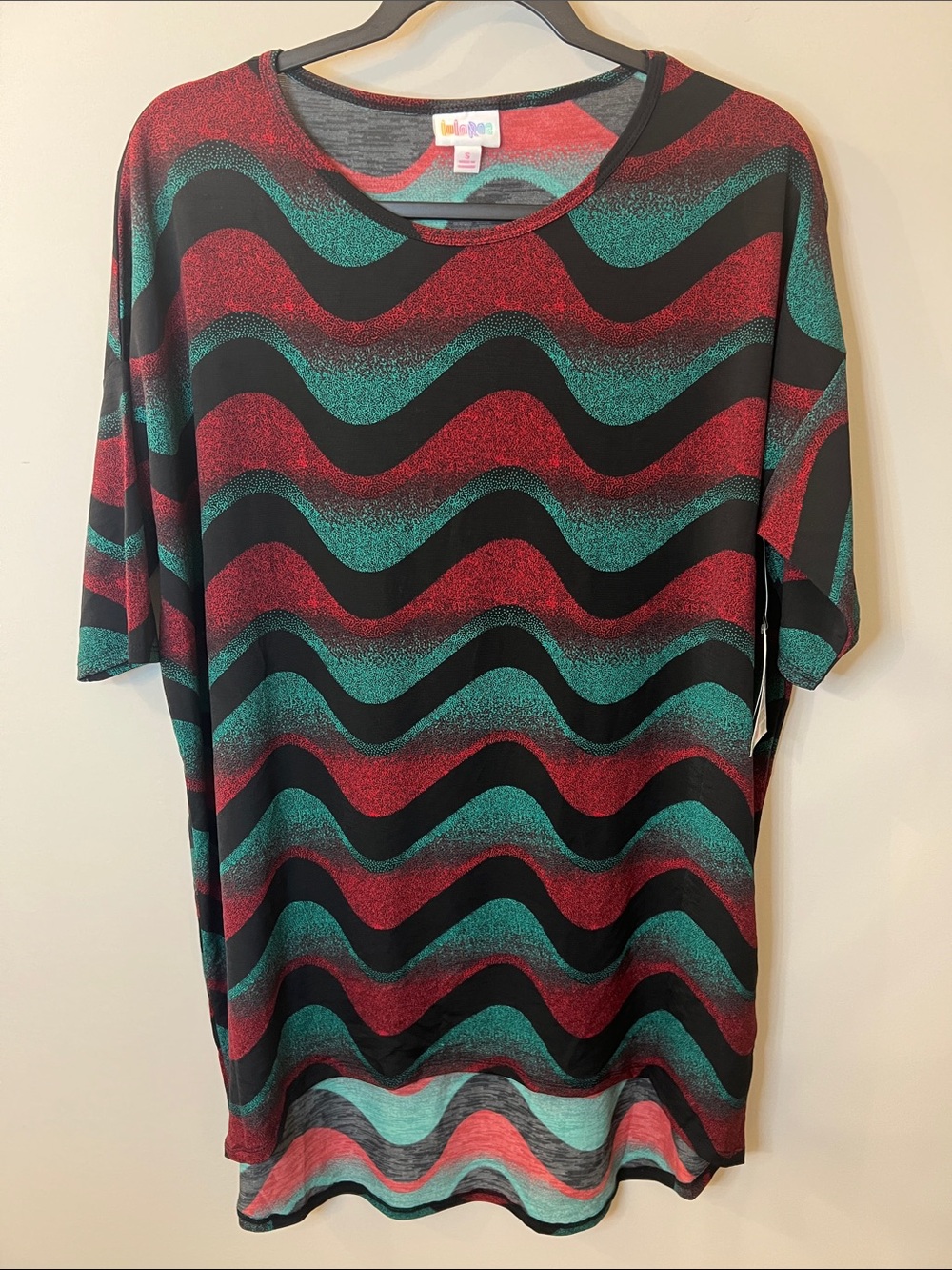 LuLaRoe Wave-Print Short Sleeve Tunic - Red, Teal & Black